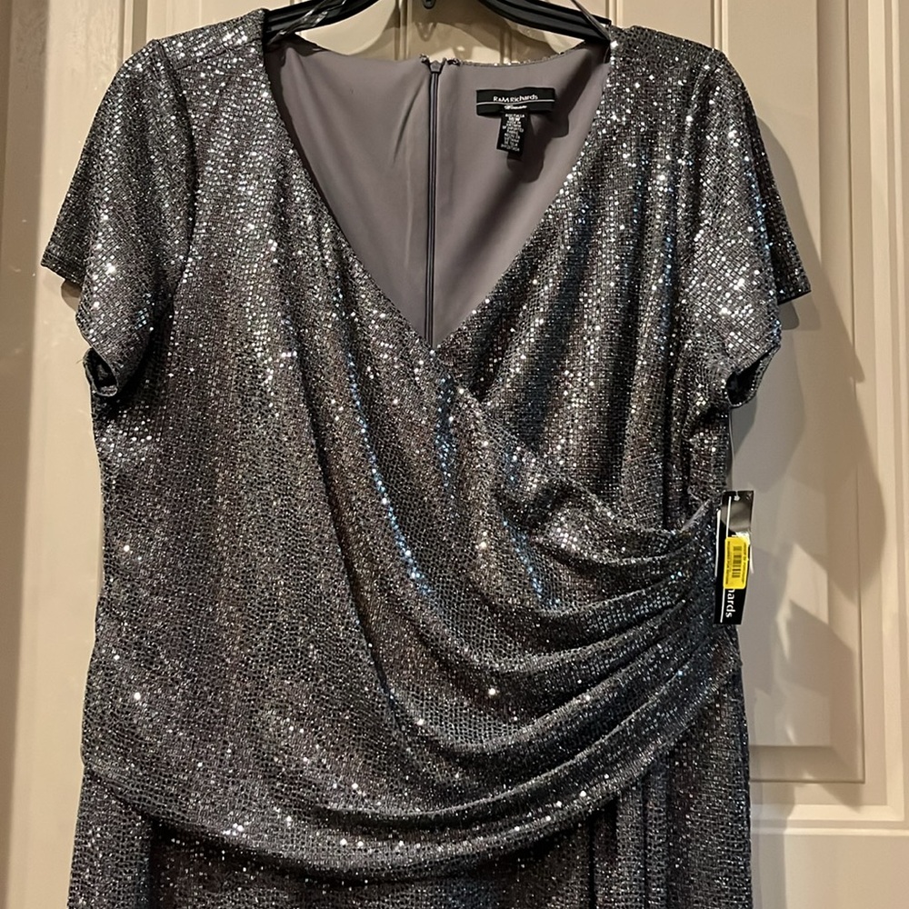 Tahari ASL Silver Sequin V-Neck Draped Evening Dress